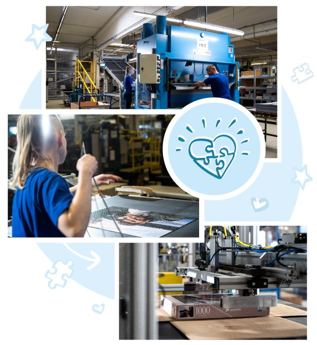 Hvert eneste af vores kunders fotopuslespil bliver udstanset med præcisionsværktøj for så at blive pakket i individuelt designede æsker