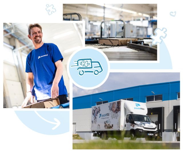 Kompetente medarbejdere organiserer forsendelsen af vores puslespil til 23 lande. Om det er indenfor Europa eller til Nordamerika: puzzleYOU-puslespillet er hos dig inden for blot få dage