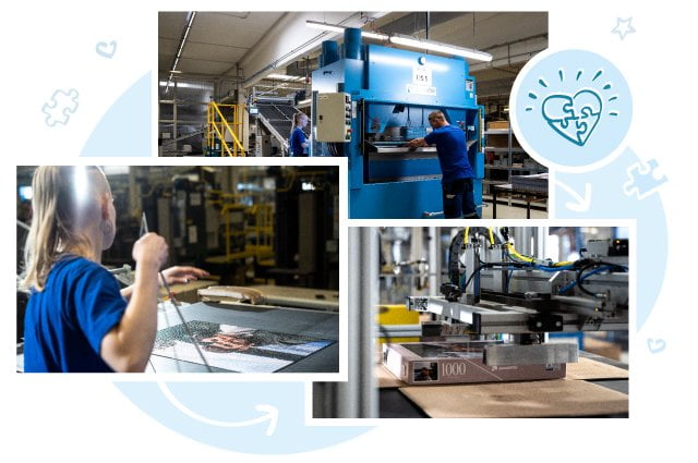 Hvert eneste af vores kunders fotopuslespil bliver udstanset med præcisionsværktøj for så at blive pakket i individuelt designede æsker.