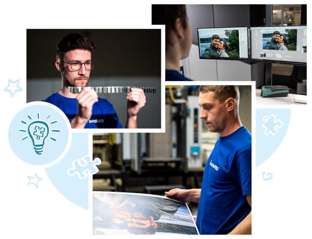 Ægte håndværk: Vores medarbejdere i trykkeriet og under udviklingsprocessen af en puslespils-stansemaskine.