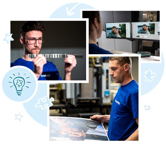 Ægte håndværk: Vores medarbejdere i trykkeriet og under udviklingsprocessen af en puslespils-stansemaskine